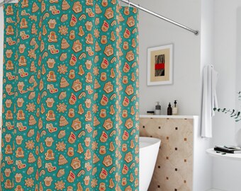 Gingerbread Man Shower Curtain, Cute Christmas Bathroom Decor, Retro Holiday Cookie Pattern, Teal Candy Cane & Snowflake Print