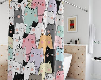 Cortina de ducha con diseño de gato pastel, decoración de baño con gatitos kawaii, cortinas de ducha con animales adorables para niños y adultos.