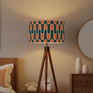 Mid Century Modern Tripod Floor Lamp, 70s Retro Groovy Wavy Pattern Wood Standing Lamp, Teal & Orange Geometric Lampshade, MCM Bedroom Light
