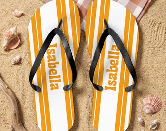 Personalized Striped Flip Flops with Name or Monogram, Custom Color Beach Sandals, Wedding Party Slides, Pool & Sauna Shoes, Gift for Her