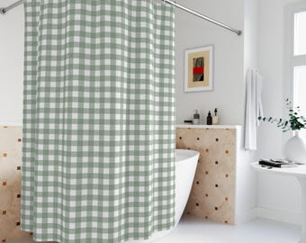 Sage Green Checkered Shower Curtain, Gingham Bathroom Decor, Cottagecore Vintage Style Bath Curtain