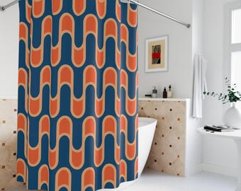 Blue Orange Retro Shower Curtain, Vintage Wavy Pattern Decor, 70s Aesthetic Home Decor