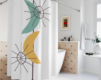 Mid Century Modern Shower Curtain, Retro Geometric Crescent Moon & Starburst, 1950s Abstract Bath Decor, Minimalist Vintage Style Art