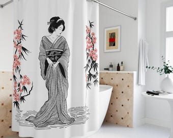 Japanese Art Shower Curtain, Geisha and Red Sakura, Zen Bathroom Decor, Minimalist Ukiyo-e Style, Asian Inspired Home Gift