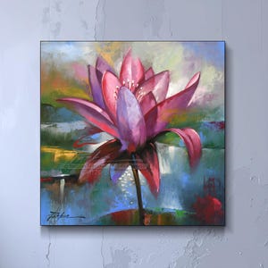Colorful Original Oil Painting Water Lily #4  Artwork Yoga Lotus Flower Gift Colorful Contemporary Floral Painting by Artist Timothy Parker