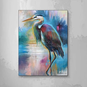 Stampa artistica di un airone azzurro dal dipinto a olio originale di un uccello dell&#39;artista Timothy Parker, decorazione per la casa sulla spiaggia tropicale della Florida.