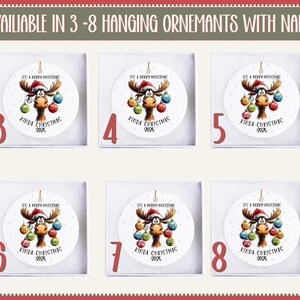 May include: White ceramic Christmas ornaments with a cartoon moose wearing a Santa hat and holding colorful ornaments. Each ornament is packaged in a white box. The text on the ornament reads "It's a Merry-Noocenis Kinda Christmas 2025". Available in quantities of 3-8.