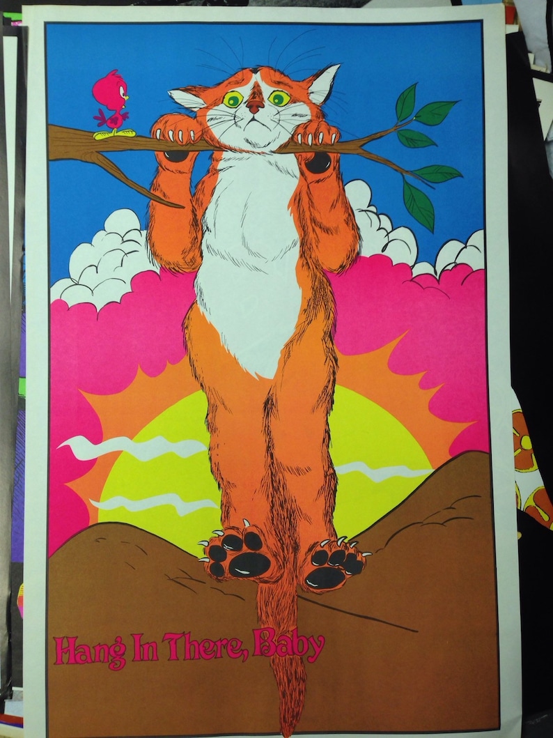 May include: A retro poster showing an orange cat with a white chest, holding a branch with a small red bird. The background features a sunset and the text "Hang In There, Baby". The image has a vibrant colour palette.