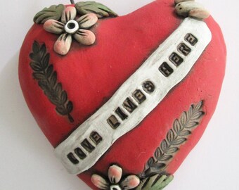Ceramic kiln fired wall art HEART with "love lives here" word home décor home art