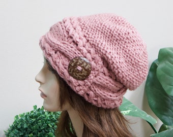 Para Mujer Damas Negro Cable Knit Beanie Hat Con Flor-un tamaño-Nuevo