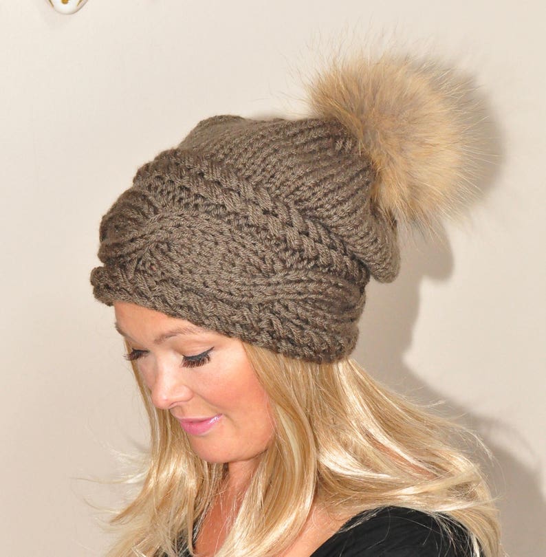 Fur Pompom Hat Slouchy Beanie Cable Hat Hand Knit Winter Women Hat CHOOSE COLOR Taupe Brown Milk Chocolate Fall Chunky Christmas Gift