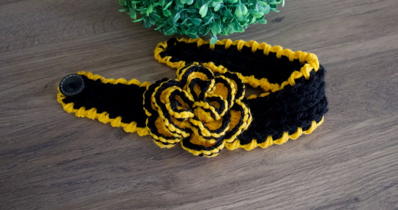 University of Iowa Headband Crochet Flower Headband Knit Steelers Headband Ear Warmer CHOOSE COLOR Black Yellow University of Iowa Hair Band