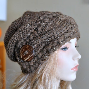 Slouchy Women Hat Slouch Beanie Cable Button Hat Hand Knit Winter Women Hat CHOOSE COLOR Barley Brown Chocolate Fall Chunky Christmas Gift