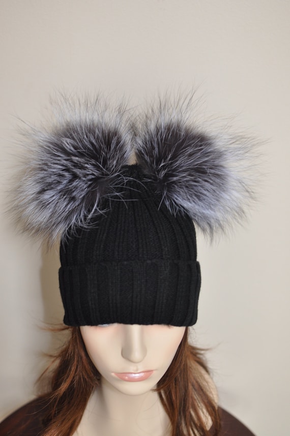 hats with 2 fur pom poms