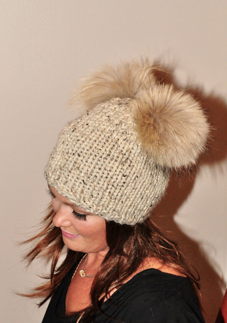 Double Pompom Beanie Hat 2 Bobble Hat 2 Fur Pom Pom Beanie Hat Etsy