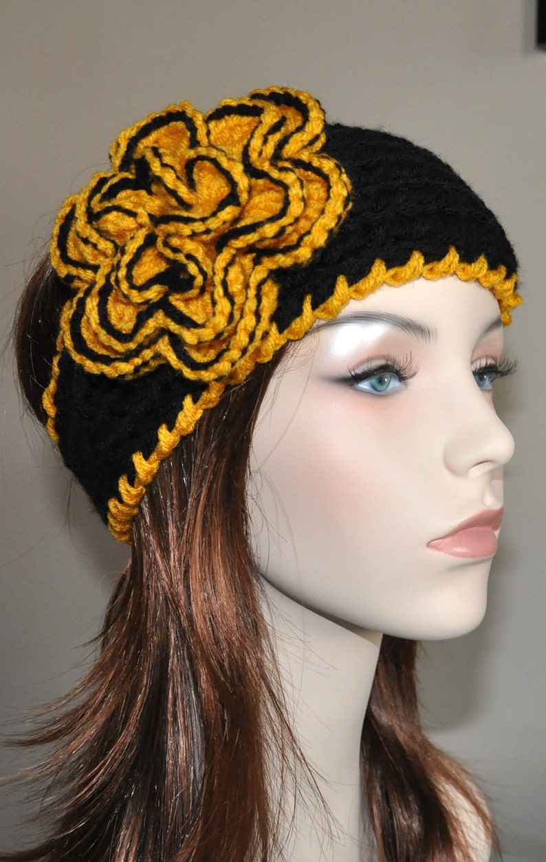 University of Iowa Headband Crochet Flower Headband Knit Steelers Headband Ear Warmer CHOOSE COLOR Black Yellow University of Iowa Hair Band