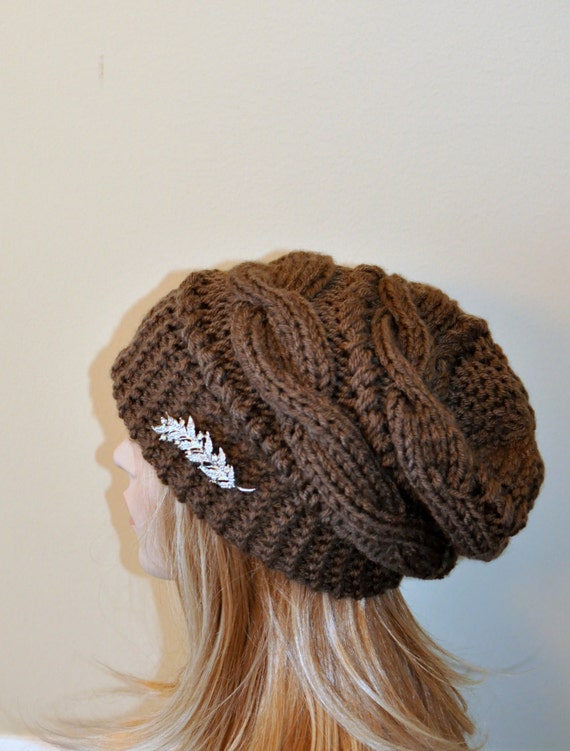 Fur Pompom Hat Slouchy Beanie Cable Hat Hand Knit Winter Women Hat CHOOSE COLOR Taupe Brown Milk Chocolate Fall Chunky Christmas Gift