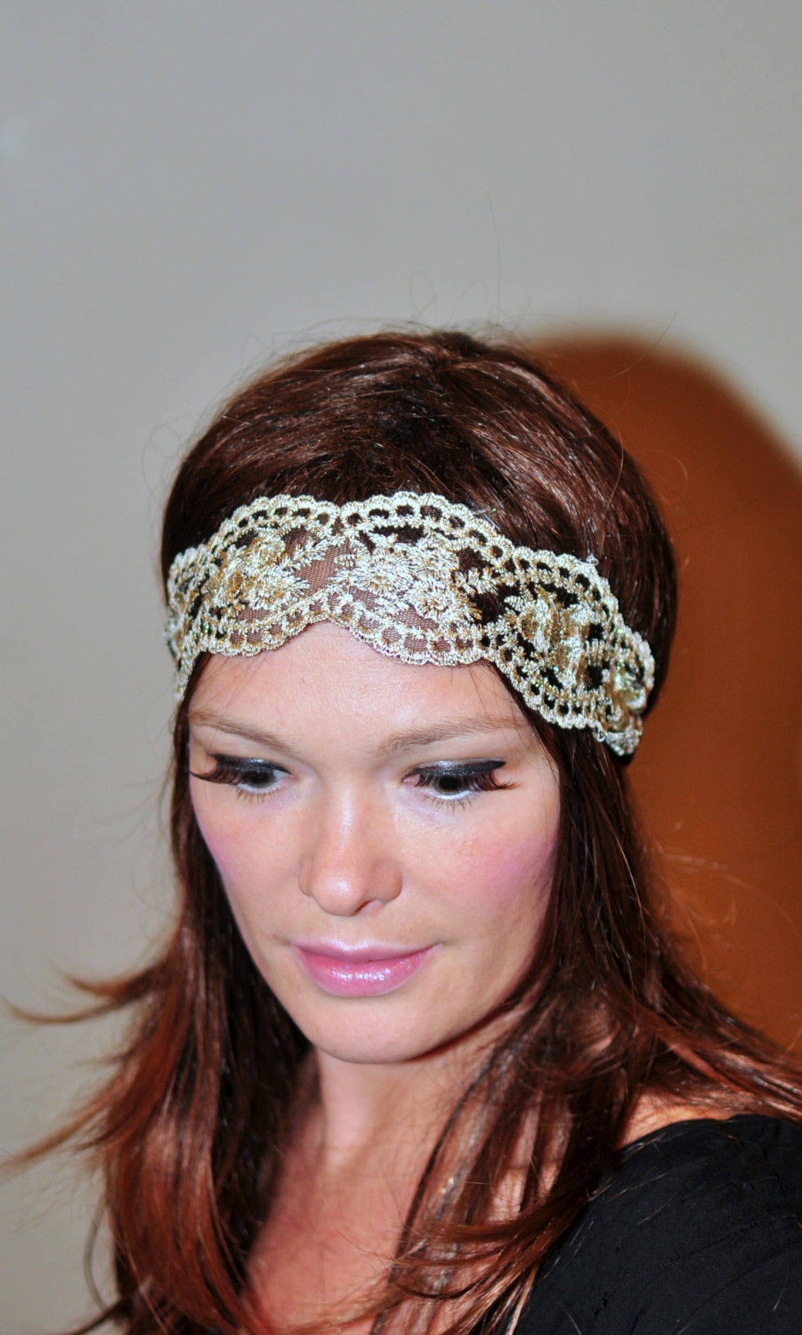 Lace Headband Great Gatsby Cream Gold Hair band Beige Headwrap Etsy