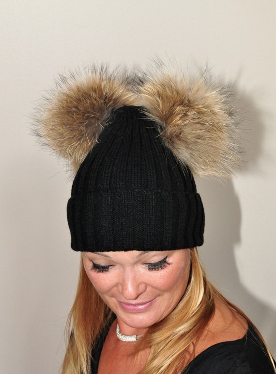 hats with 2 fur pom poms