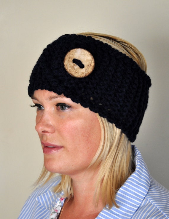 /& Black Button White Head Warmer Crochet Earmuff Headband Turban Style Black with Pink