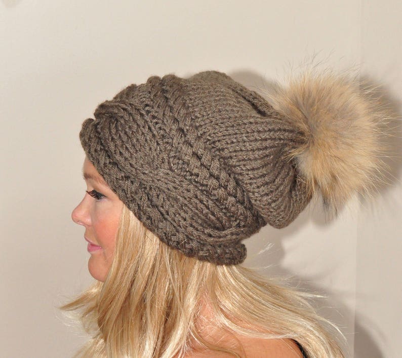 Fur Pompom Hat Slouchy Beanie Cable Hat Hand Knit Winter Women Hat CHOOSE COLOR Taupe Brown Milk Chocolate Fall Chunky Christmas Gift