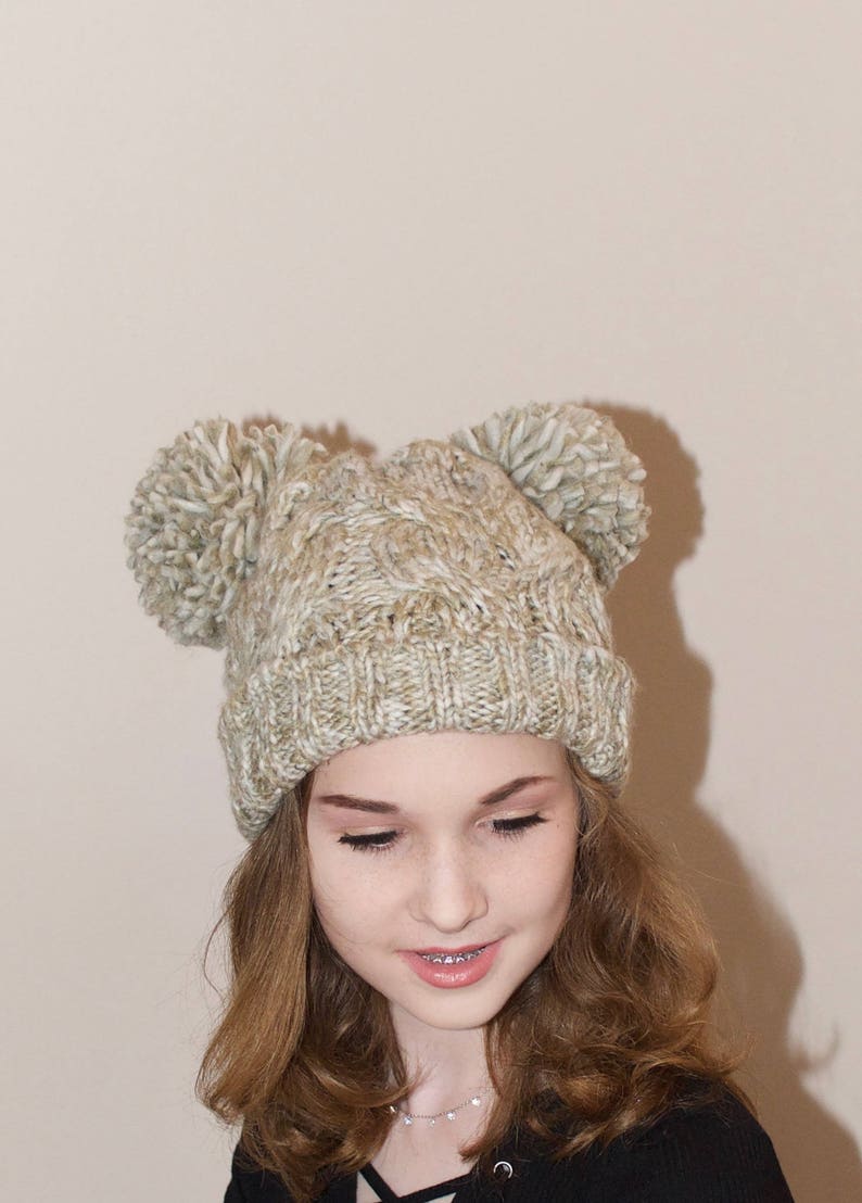Double PomPom Hat 2 Pompoms Cabled Beanie Hat Ski Hat Teen Etsy