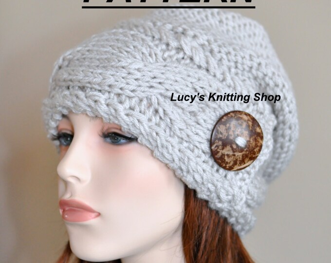 Slouchy Hat PDF PATTERN DIY Slouch Beanie Cable Button Knit Women Hat ...