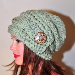 Women Hat Slouchy Hat Slouch Beanie Button Hat Hand Knit Winter Adult Hat CHOOSE COLOR Sage Green Chunky Gift