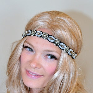 1920's Great Gatsby Lace Headband Gold Rhinestone Black Women headband Headwrap Stretch Headcovering Vintage Headband