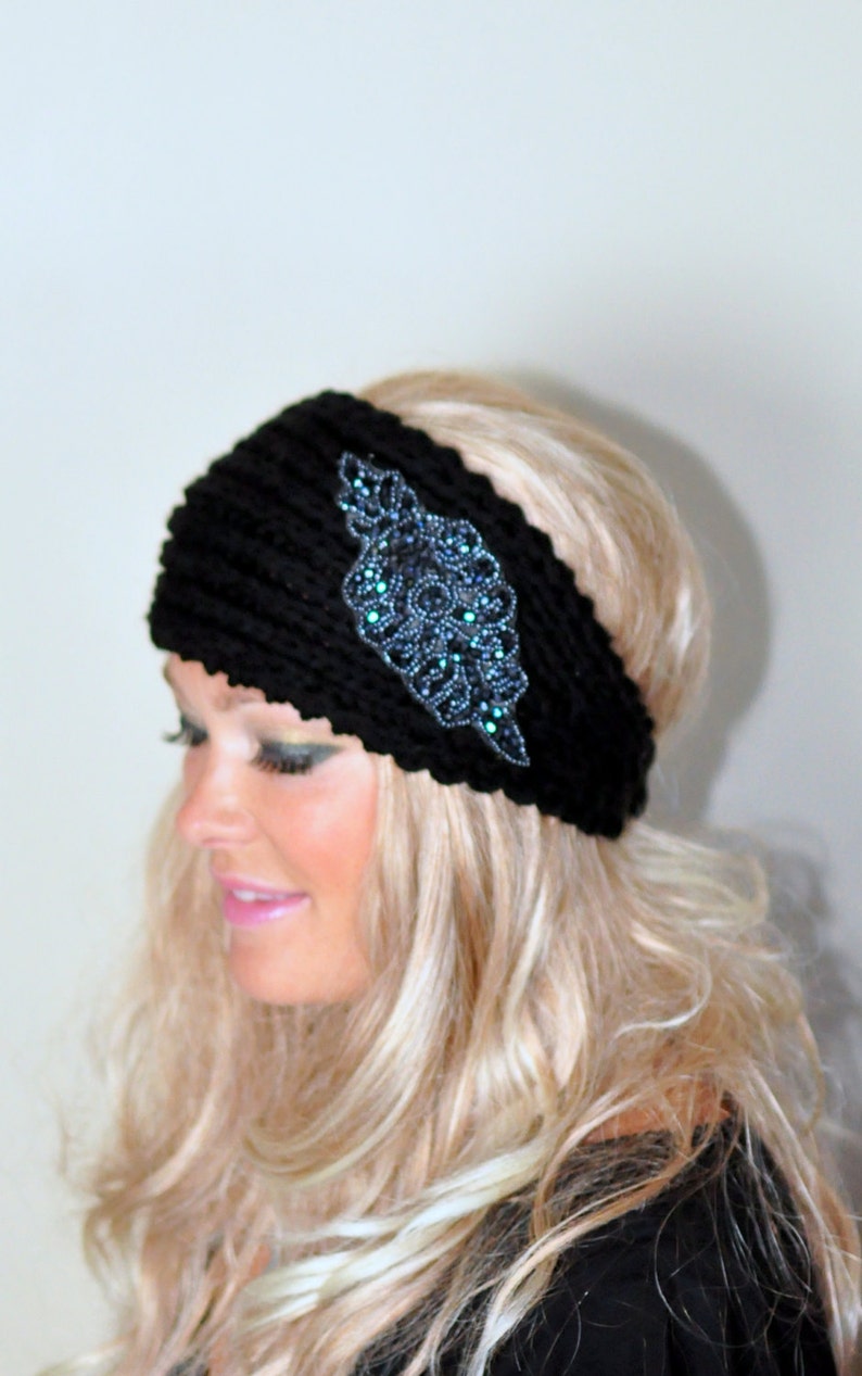 Download Black Hat Ear Warmer Knitted Winter Headband Beaded Earwarmer | Etsy
