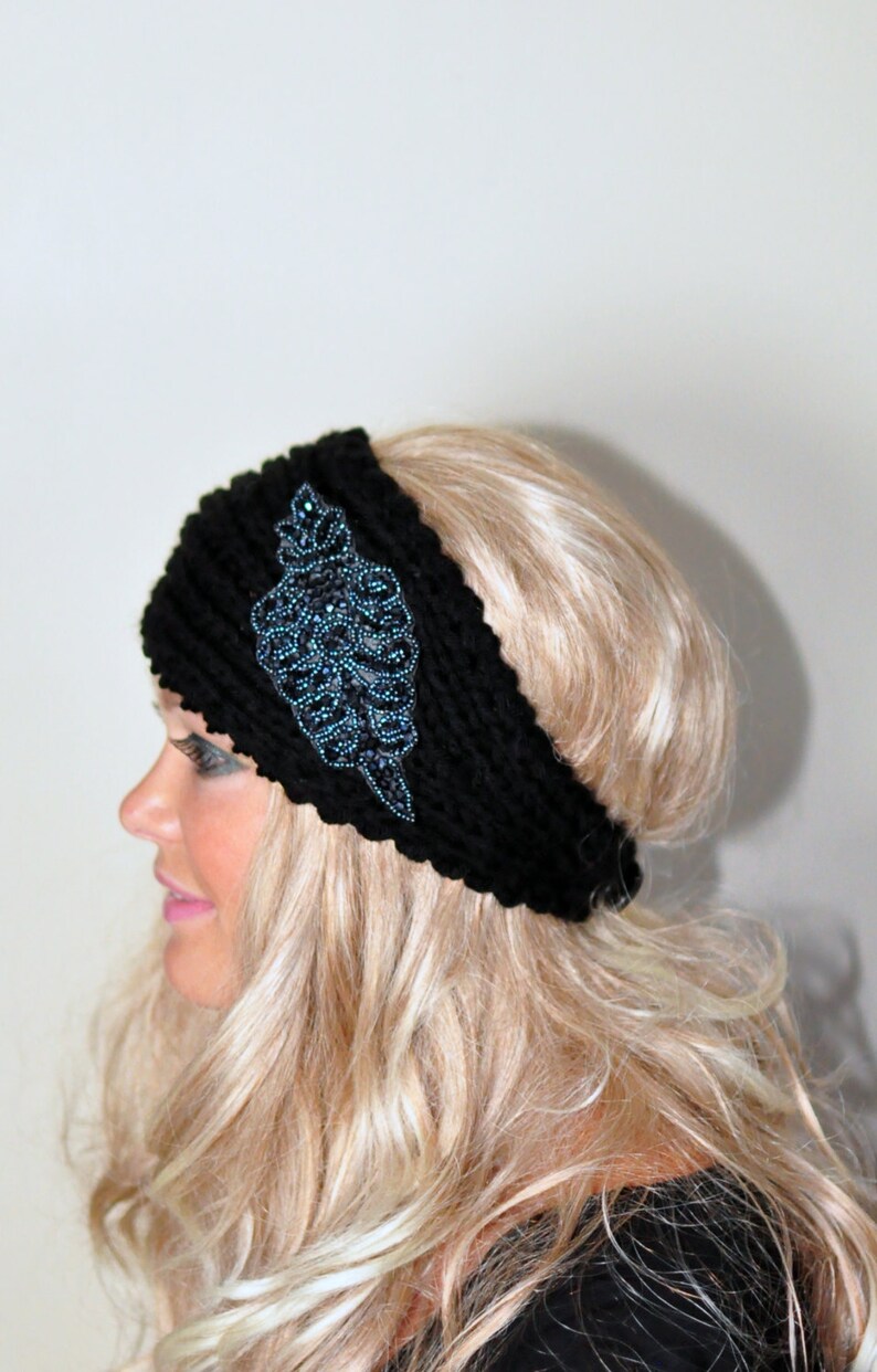 Download Black Hat Ear Warmer Knitted Winter Headband Beaded Earwarmer | Etsy
