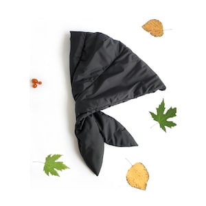 Black Quilted Nylon Hood Scarf, Fleece Lined Puffer Bonnet, Pillow Winter Hat, Rainproof, Light & Warm