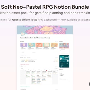 Könnte beinhalten: Digitale Produktpräsentation mit der Notion-Vorlage "Soft Neo-Pastel RPG Notion Bundle". Das Bild zeigt ein spielerisches Planungs- und Gewohnheitsverfolgungssystem mit einem sanften Pastellfarbschema. Der Text enthält "Quests Before Tests" und "Made for Notion."