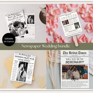 以下が含まれることがあります： 新聞をテーマにしたウェディングステーショナリーのコレクション。日付保存カード、招待状、扇子、ブライズメイドの提案カードが含まれています。各アイテムは、白黒の写真とテキストを使用したヴィンテージ新聞のデザインが特徴です。「Newspaper Wedding bundle」というフレーズが表示されています。