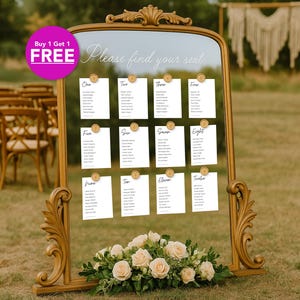 Puede incluir: Un espejo dorado con la frase "Please find your seat" y tarjetas individuales de asignación de asientos. El espejo está adornado con arreglos florales y una pegatina "Buy 1 Get 1 FREE".