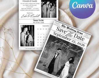 Plantilla para guardar la fecha en formato periódico - Canva editable - Descarga digital instantánea - 5x7 - Plantilla para guardar la fecha en formato boda - Boda en formato periódico.