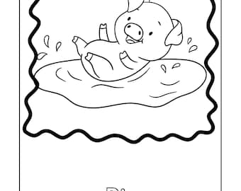 以下が含まれることがあります： 水たまりの中で遊ぶ豚の白黒イラスト。周りには水滴が描かれています。「Pig」の文字がイラストの下に書かれており、その下に書き込み用の線があります。画像には装飾的なボーダーがあります。