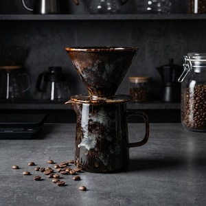 Handmade Ceramic Pour Over Coffee Set, Tenmoku Glaze, Wabi Sabi Server