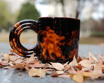 Handmade Tortoiseshell Ceramic Mug with Unique Ribbed Handle | Amber & Black Leopard Glaze Coffee Cup | Cozy Hygge Pottery Gift