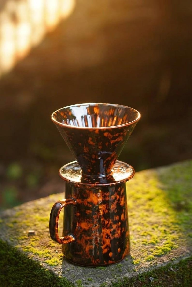 Handmade Artisan Tortoiseshell Glaze Coffee Pour Over Set | Luxury Barista Gift | Wabi Sabi Coffee Station Decor Bild 3