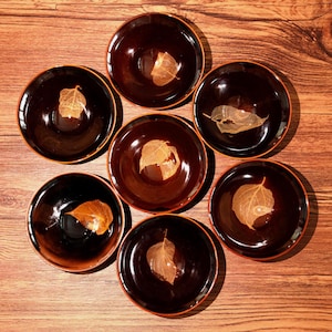 May include: Seven dark brown ceramic bowls with a glossy finish, each containing a delicate, translucent leaf. The bowls are arranged in a circular pattern on a wooden surface, with a thin orange rim. The leaves vary in shape and size.