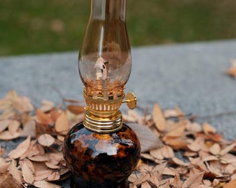 Vintage Amber Glass Oil Lamp with Tortoise Shell Base - Mid-Century Modern Home Decor - Housewarming Gift - Cozy Cottagecore Lighting