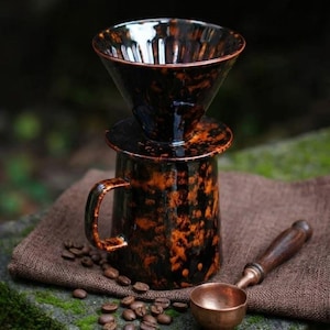 Handmade Artisan Tortoiseshell Glaze Coffee Pour Over Set | Luxury Barista Gift | Wabi Sabi Coffee Station Decor Bild 2
