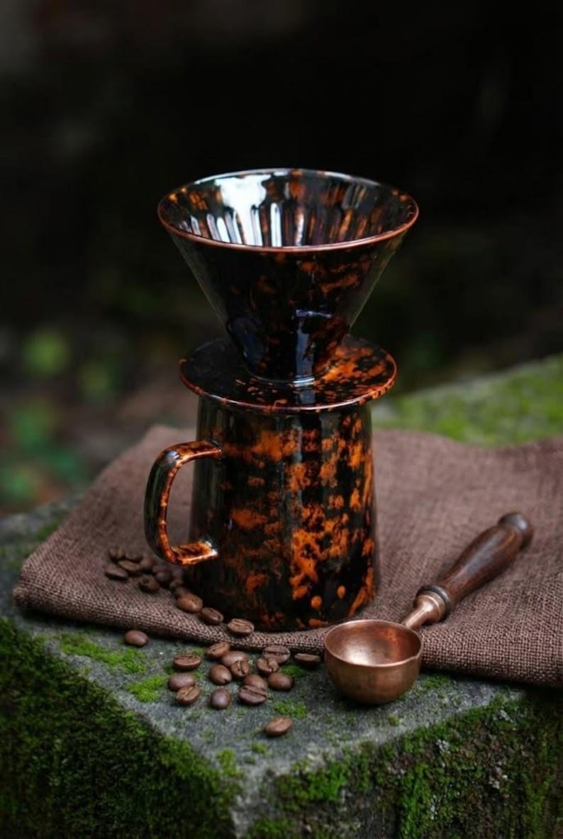 Handmade Artisan Tortoiseshell Glaze Coffee Pour Over Set | Luxury Barista Gift | Wabi Sabi Coffee Station Decor Bild 2
