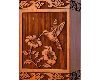 Hand-Carved Rosewood Hummingbird Floral Urn, Memorial Keepsake Box