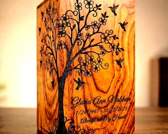 Hand-Carved Rosewood Cremation Urn, Tree of Life Hummingbird Memorial Keepsake