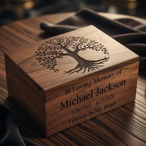 May include: A rectangular wooden urn with a tree design carved on the lid. The text "In Loving Memory of Michael Jackson" is engraved, along with dates and the phrase "Forever In My Heart."