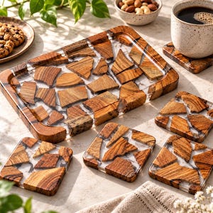 May include: A rectangular serving tray and four square coasters made of natural wood fragments embedded in clear resin. The wood pieces feature visible grain patterns in shades of brown, arranged in a mosaic style within the transparent material.