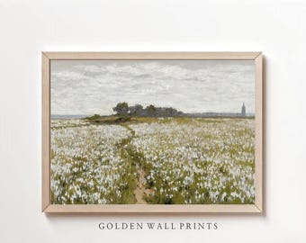 White Wildflower Field Art Print – Digital Landscape Painting, Nature Wall Decor