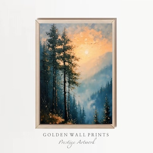 Textured Forest Sunset Print: Impasto Mountain Landscape (Digital Download)